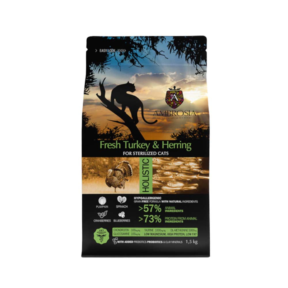 AMBROSIA GRAIN FREE CAT ADULT LIGHT & STERILISED FRESH TURKEY & HERRING - 1.5KG